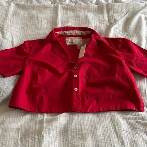 Red poplin button up shirt by Maeve from Anthropologie